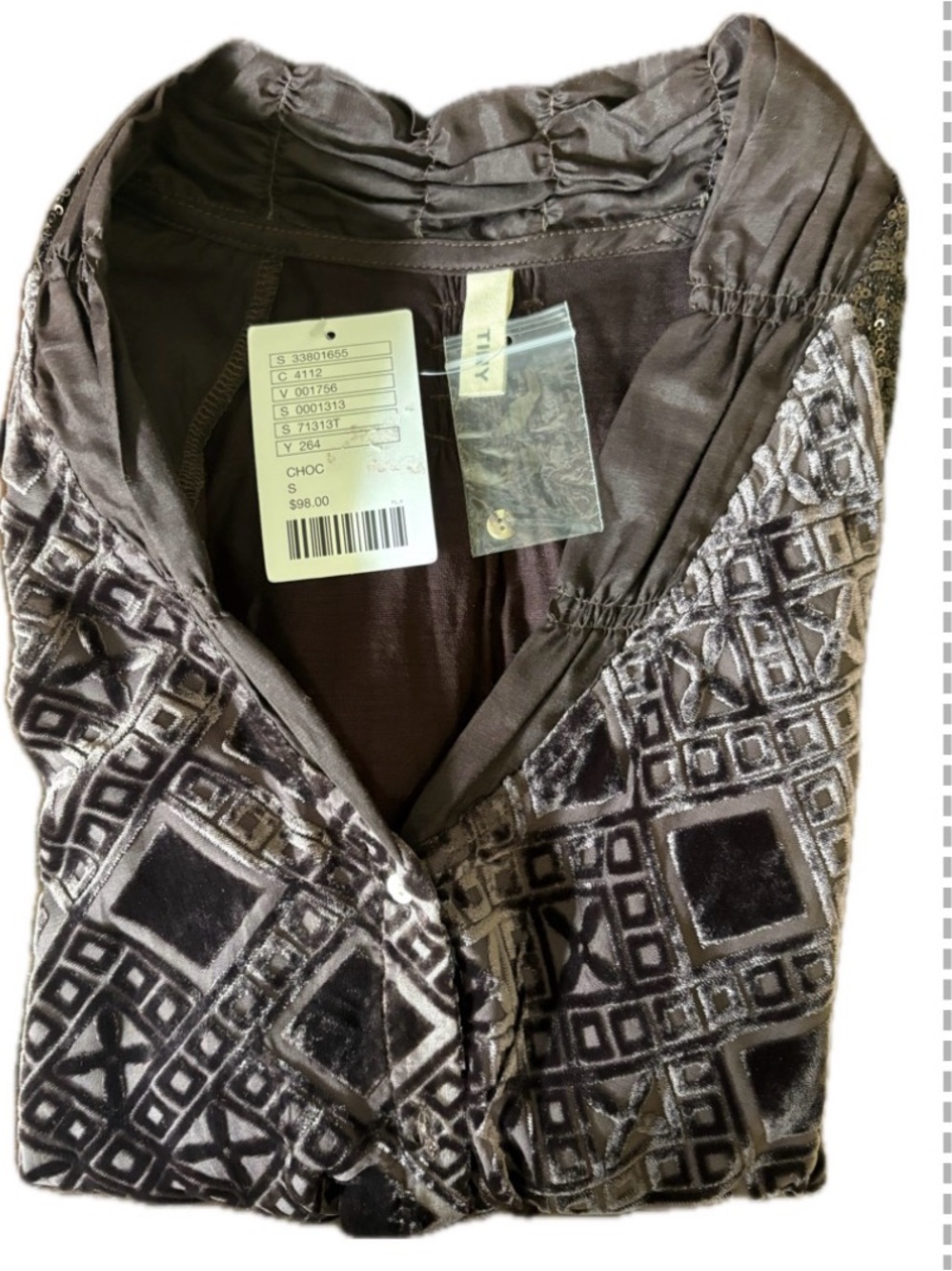 NWT Anthropologie Chocolate Velvet Sequin Button Down Top (Size Sm. Retail: $98) - Picture 7 of 8